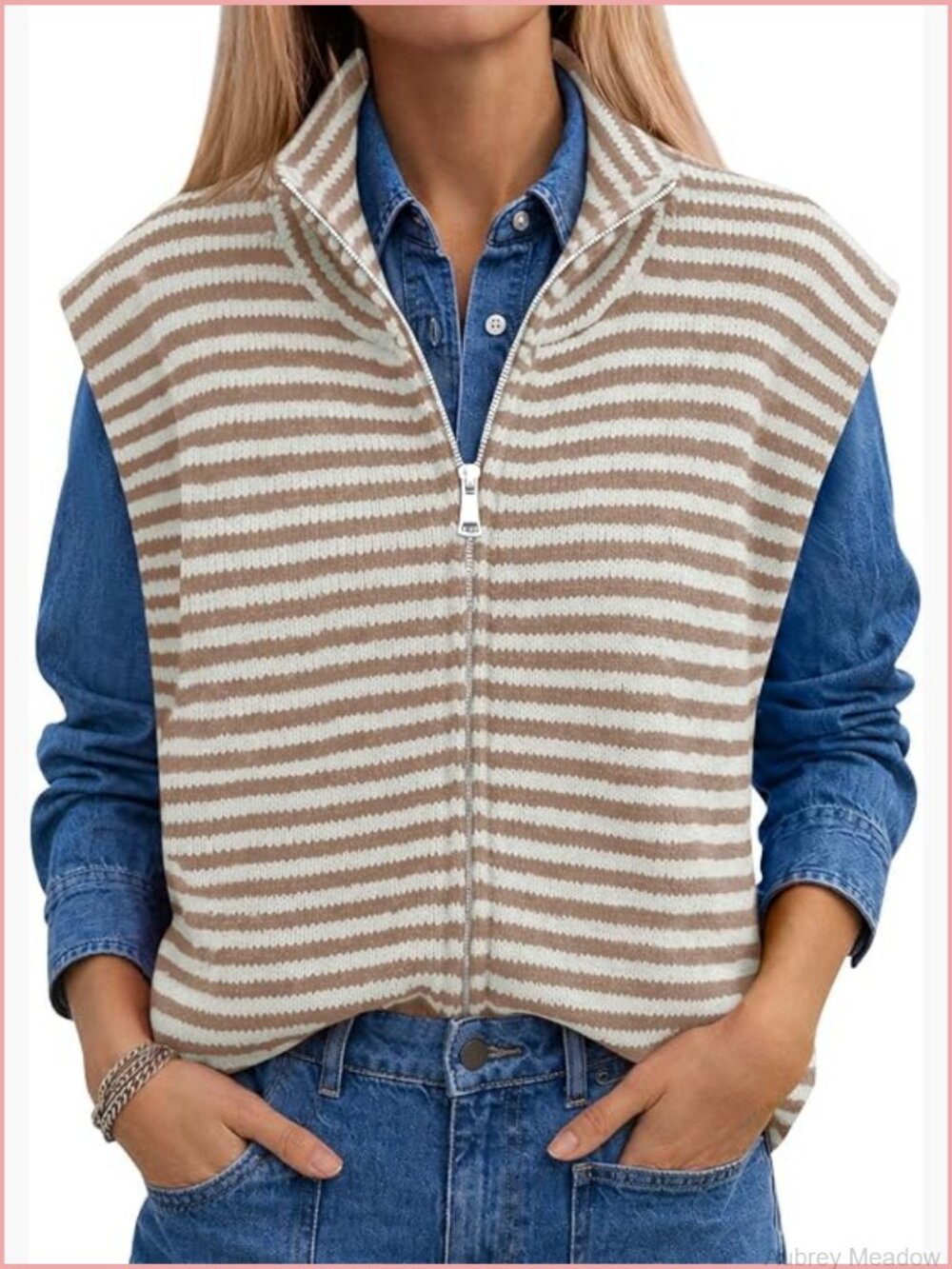 Womens Striped Zip Up Cardigan Mock Neck Cap Sleeve Sweater Vest Knit Top - Picture 1 of 6
